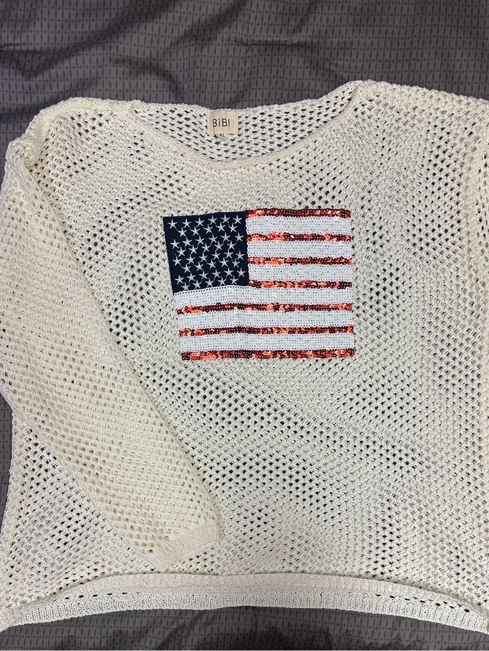 BiBi Cream Open-Knit Sweater with Navy & Red Sequin Flag